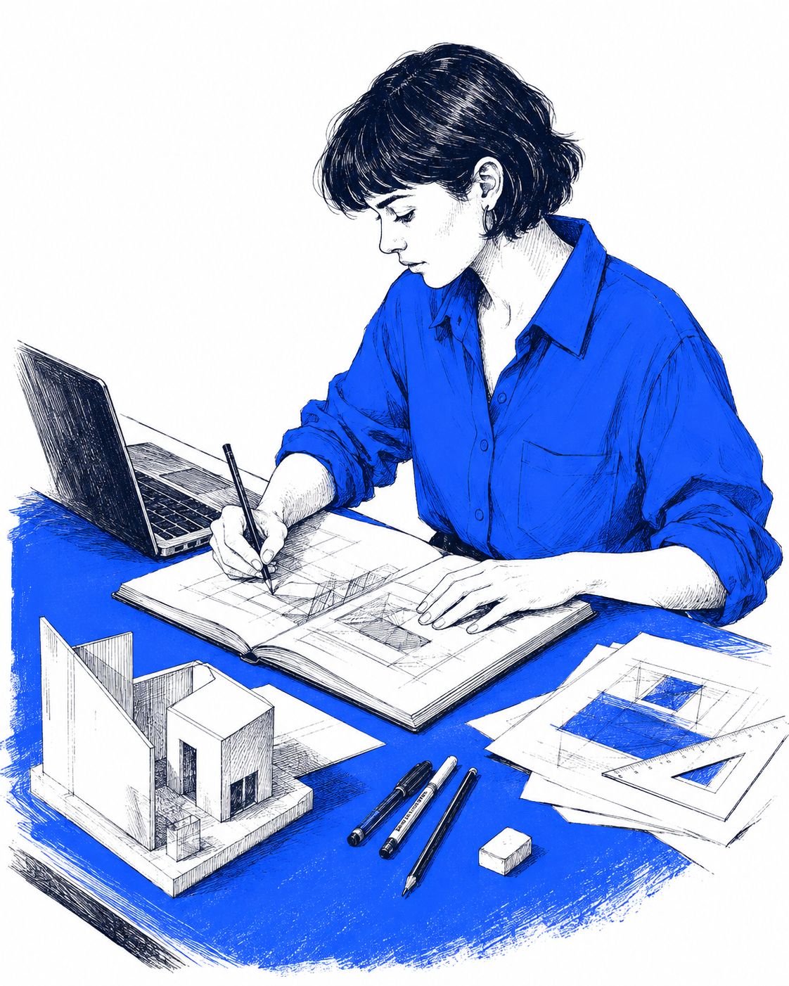 O profesionistă desenează la masa de lucru, între un laptop, o machetă și schițele proiectului.